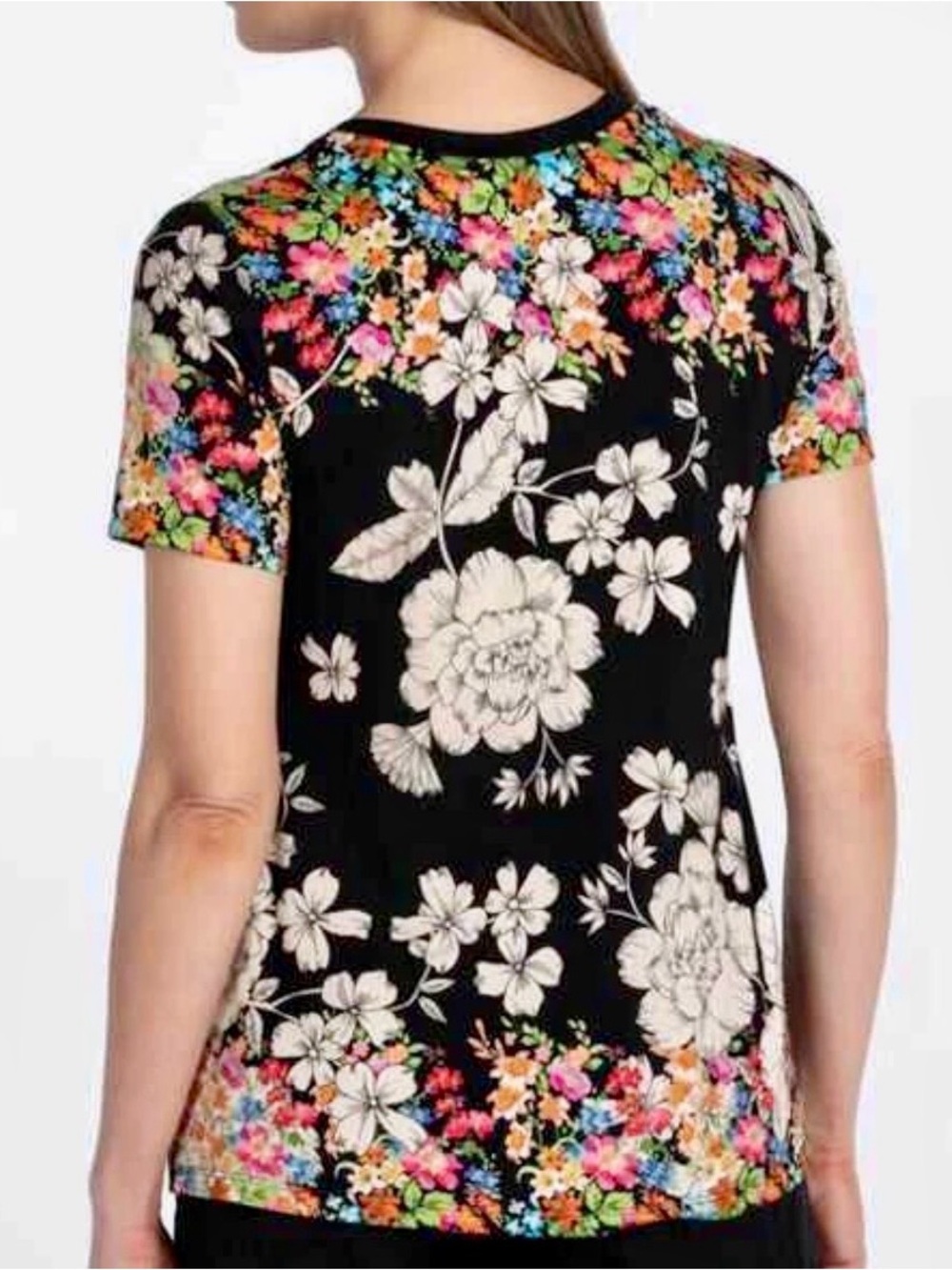 Johnny Was Redland Favorite Top Black Base Cream Floral Print Multi Color Border - Picture 12 of 12